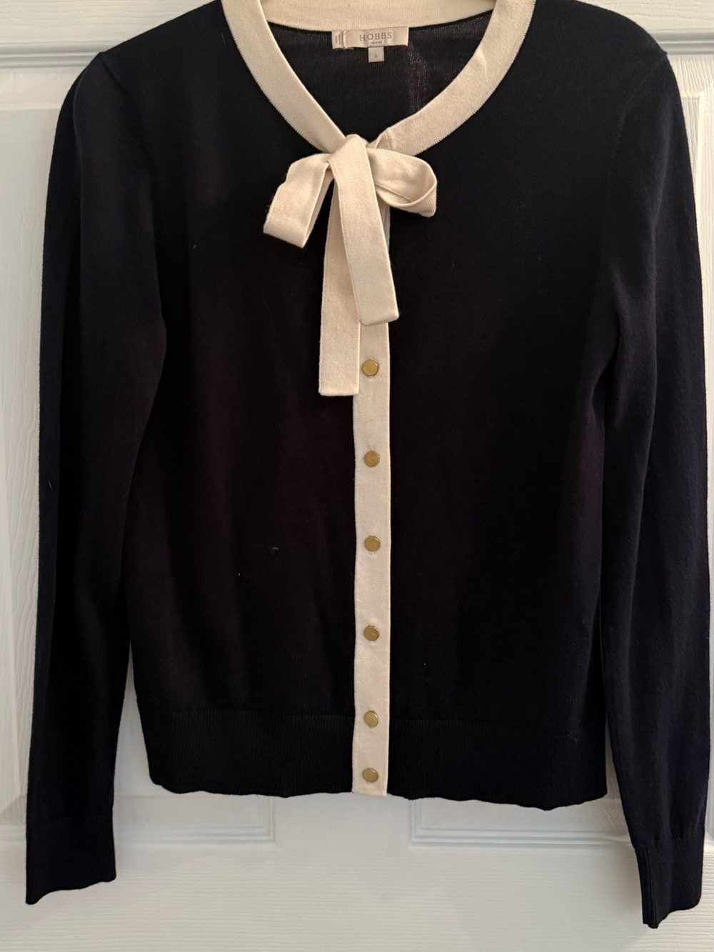 Hobbs Navy Cardigan with Cream Trim & Bow Neck